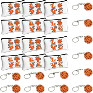 12 Pcs Basketball Makeup Bags and 12 Pcs Basketball Keychains, Portable Toiletry Cosmetic Bag with Zippers Storage Pencil Cases Team Gifts Basketball Party Supplies for Girls and Boys