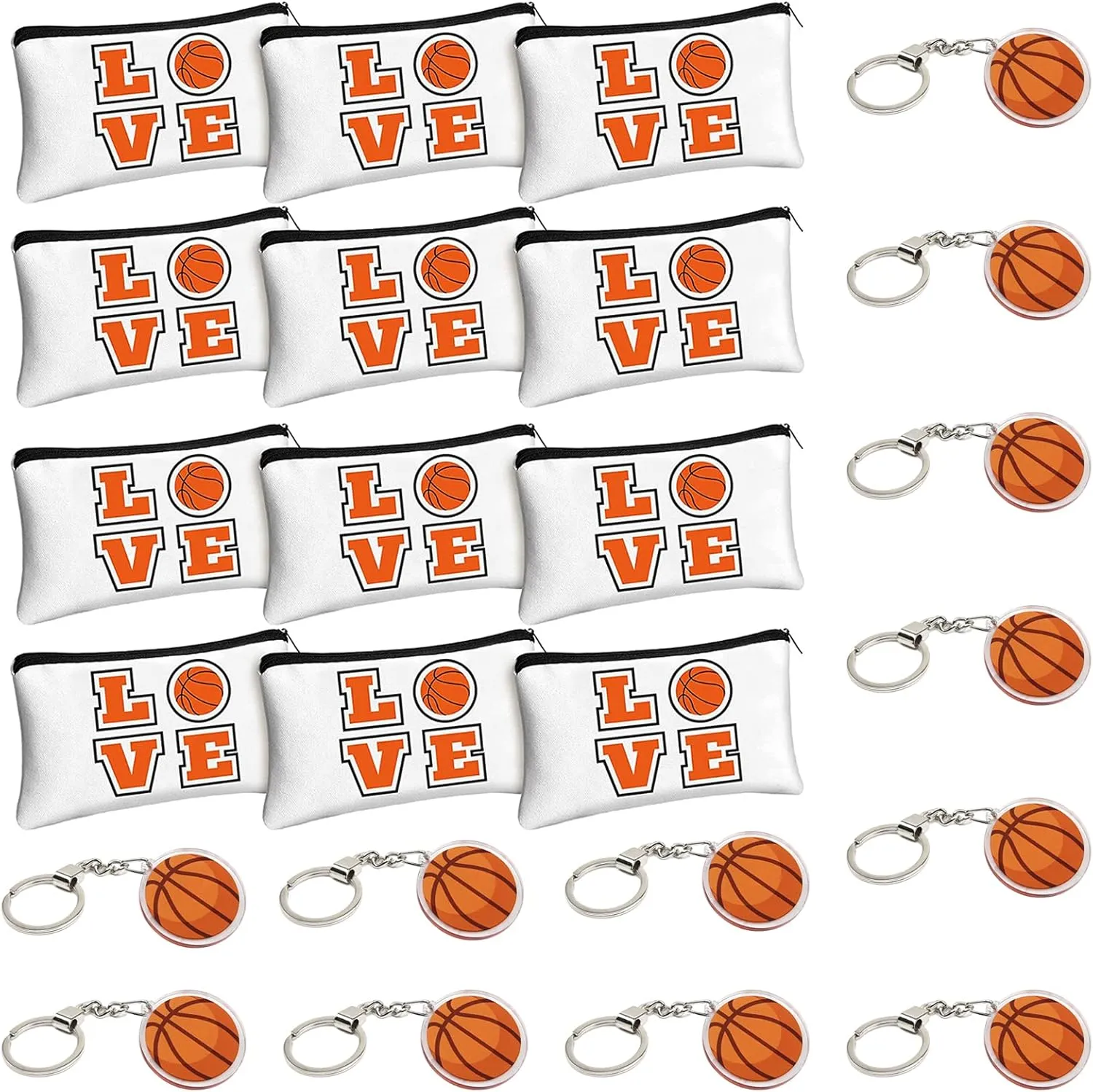 12 Pcs Basketball Makeup Bags and 12 Pcs Basketball Keychains, Portable Toiletry Cosmetic Bag with Zippers Storage Pencil Cases Team Gifts Basketball Party Supplies for Girls and Boys