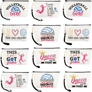 12 Pcs Volleyball Makeup Bag with Wrist Strap, Volleyball Gifts for Teen Girls with Polyester Cotton Makeup Bags, Inspirational Gifts for Volleyball Team to Store Cosmetics and Various Small Objects