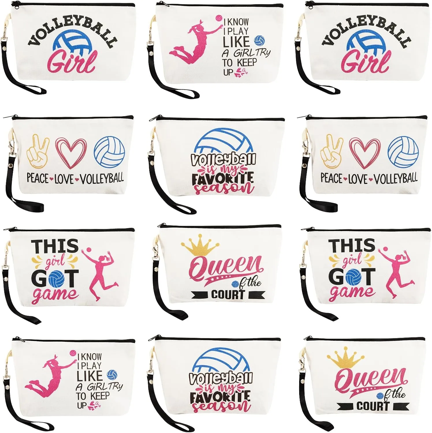 12 Pcs Volleyball Makeup Bag with Wrist Strap, Volleyball Gifts for Teen Girls with Polyester Cotton Makeup Bags, Inspirational Gifts for Volleyball Team to Store Cosmetics and Various Small Objects