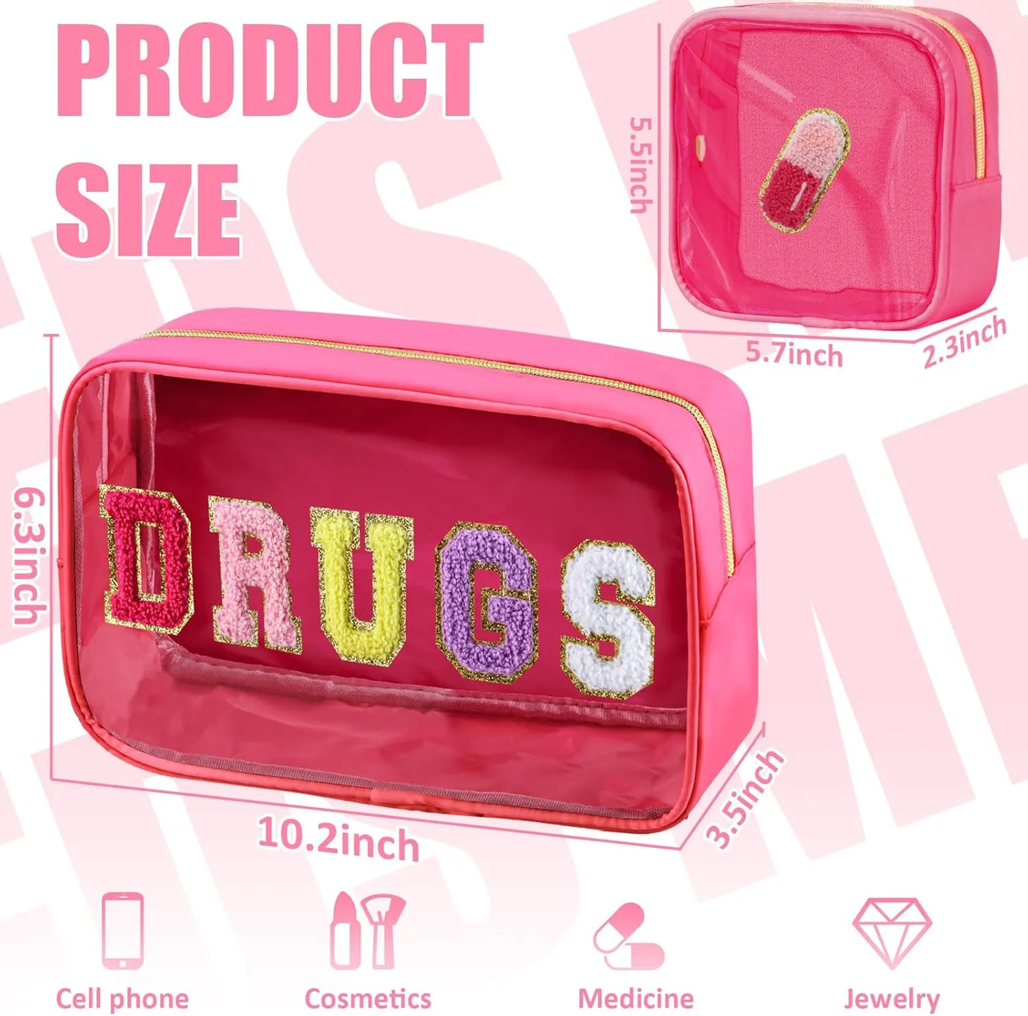 2 Pcs Chenille Letter Drugs Clear Makeup Meds Bag, Nylon & PVC Transparent Cosmetic Bag, Preppy Patch Drug Bag, Toiletry Storage for Women Girls, Rose Red
