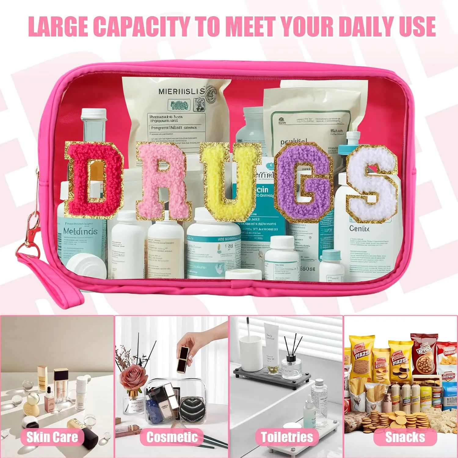 2 Pcs Chenille Letter Drugs Clear Makeup Meds Bag, Nylon & PVC Transparent Cosmetic Bag, Preppy Patch Drug Bag, Toiletry Storage for Women Girls, Rose Red