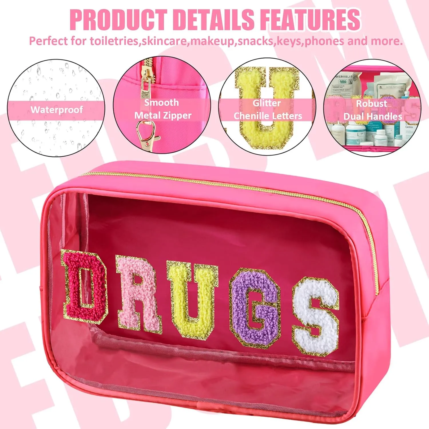 2 Pcs Chenille Letter Drugs Clear Makeup Meds Bag, Nylon & PVC Transparent Cosmetic Bag, Preppy Patch Drug Bag, Toiletry Storage for Women Girls, Rose Red