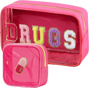 2 Pcs Chenille Letter Drugs Clear Makeup Meds Bag, Nylon & PVC Transparent Cosmetic Bag, Preppy Patch Drug Bag, Toiletry Storage for Women Girls, Rose Red