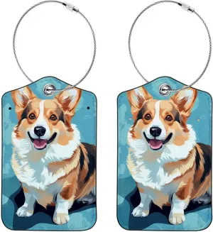 2 Pcs Luggage Tag for Suitcases, PU Leather Baggage Handbag Travel Cruise Essentials Tags with Privacy Flap Name ID Label and Stainless Steel Loop for Women Men, Happy Corgis Painting