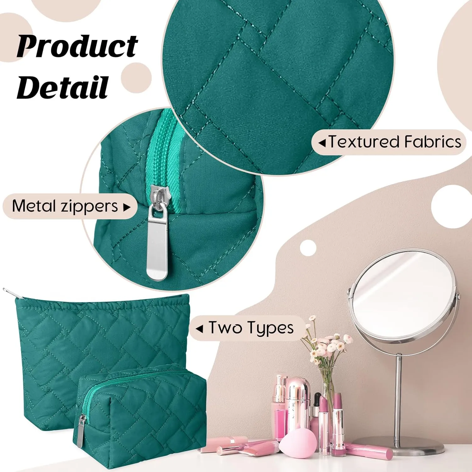 2 Pieces Quilted Makeup Bag Set for Women,Cosmetic Bag,Preppy Travel Make Up Bags for Women,Cute Puffer Travel Makeup Toiletry Bags Set, Easter Birthday Gifts for Teen Girls(Dark Green)