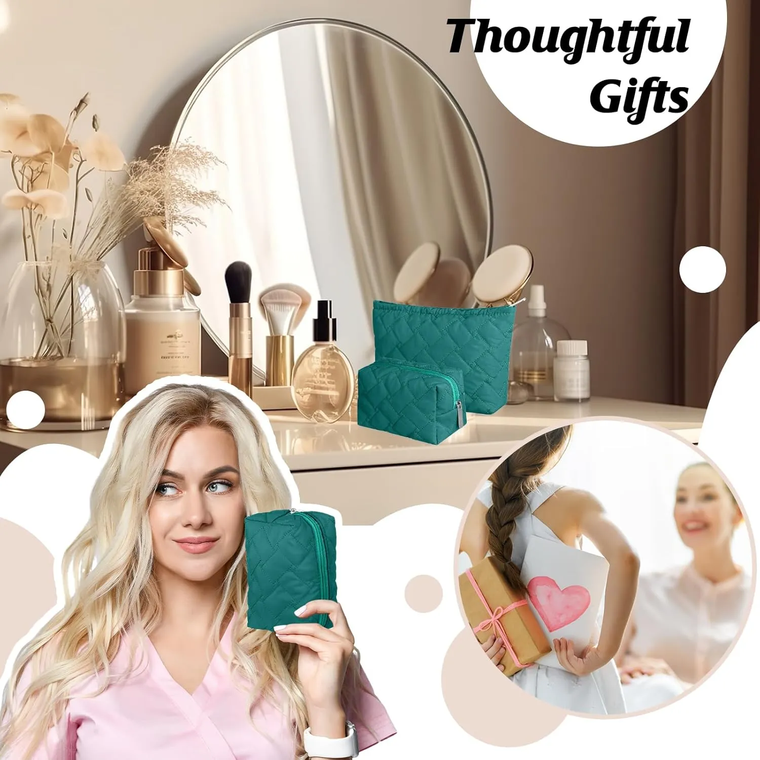 2 Pieces Quilted Makeup Bag Set for Women,Cosmetic Bag,Preppy Travel Make Up Bags for Women,Cute Puffer Travel Makeup Toiletry Bags Set, Easter Birthday Gifts for Teen Girls(Dark Green)