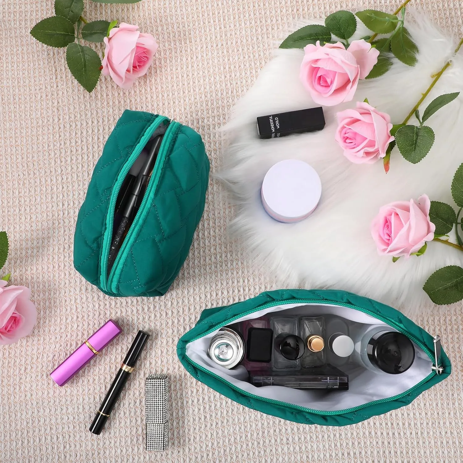 2 Pieces Quilted Makeup Bag Set for Women,Cosmetic Bag,Preppy Travel Make Up Bags for Women,Cute Puffer Travel Makeup Toiletry Bags Set, Easter Birthday Gifts for Teen Girls(Dark Green)