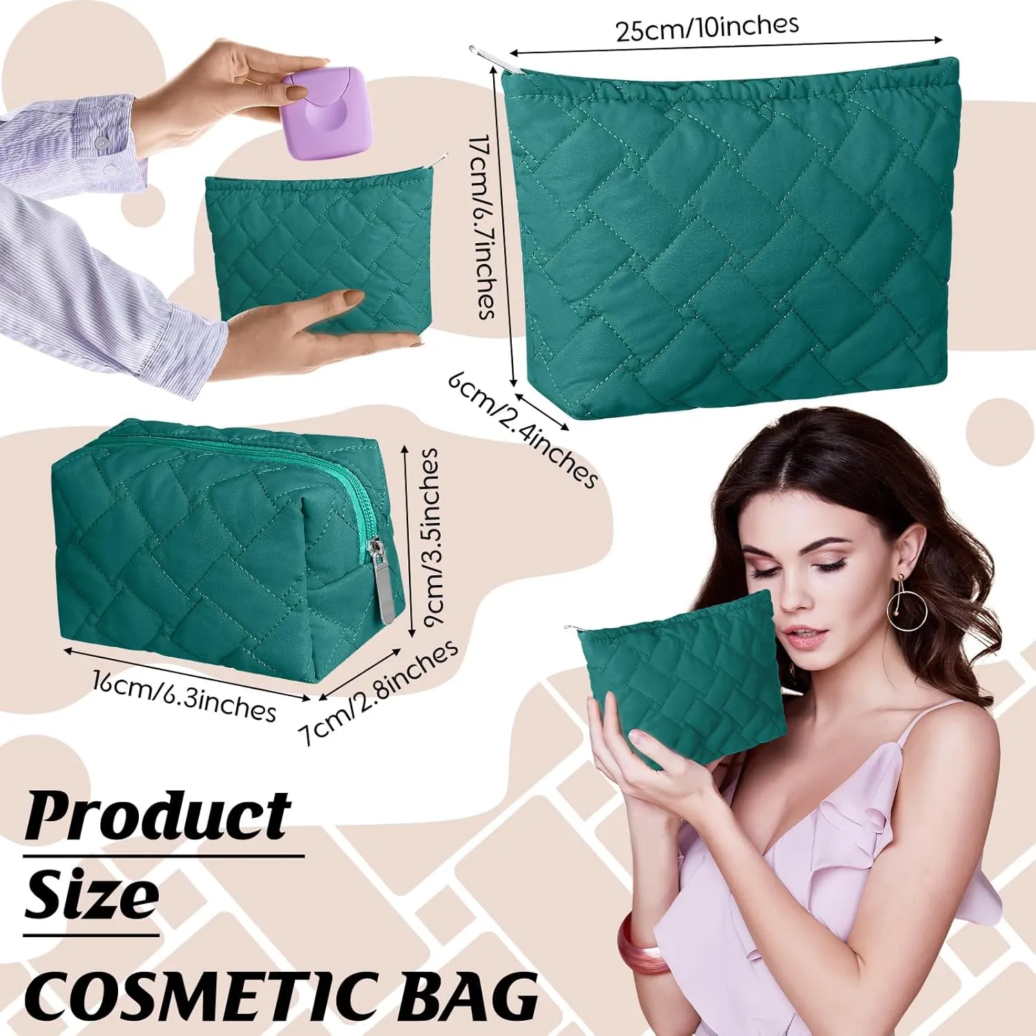 2 Pieces Quilted Makeup Bag Set for Women,Cosmetic Bag,Preppy Travel Make Up Bags for Women,Cute Puffer Travel Makeup Toiletry Bags Set, Easter Birthday Gifts for Teen Girls(Dark Green)