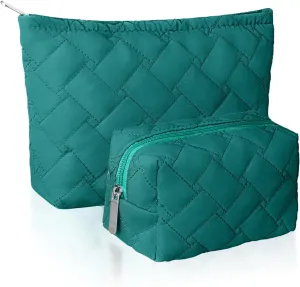 2 Pieces Quilted Makeup Bag Set for Women,Cosmetic Bag,Preppy Travel Make Up Bags for Women,Cute Puffer Travel Makeup Toiletry Bags Set, Easter Birthday Gifts for Teen Girls(Dark Green)