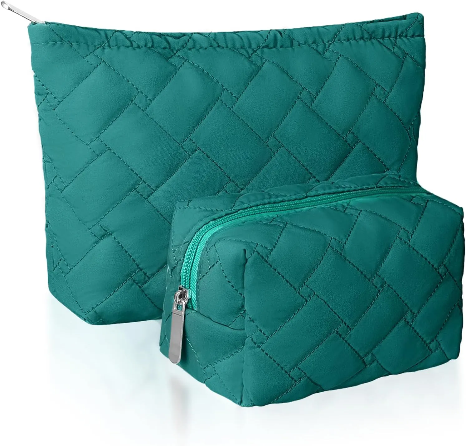2 Pieces Quilted Makeup Bag Set for Women,Cosmetic Bag,Preppy Travel Make Up Bags for Women,Cute Puffer Travel Makeup Toiletry Bags Set, Easter Birthday Gifts for Teen Girls(Dark Green)