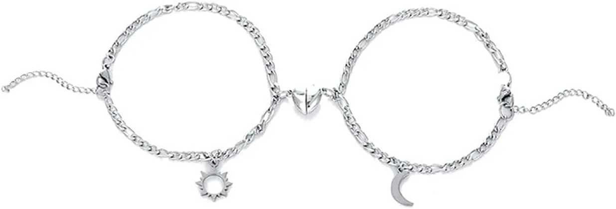 2pcs Personalized Matching Bracelets for Couples, Stainless Steel Sun and Moon Bracelets Heart Matching Bracelets, Friendship Bracelets Promise Heart Bracelet Jewelry Gifts For Men Women Lover