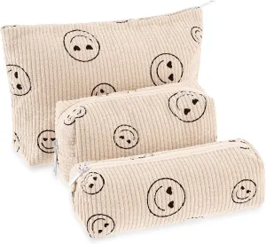 3 Pcs Makeup Bag Set for Women Corduroy Cosmetic Pouch Aesthetic Smile Travel Toiletry Bag Cute Purse Pouch Pencil Case Makeup Brushes Storage Organizer with Zipper(Beige,Smile Face)