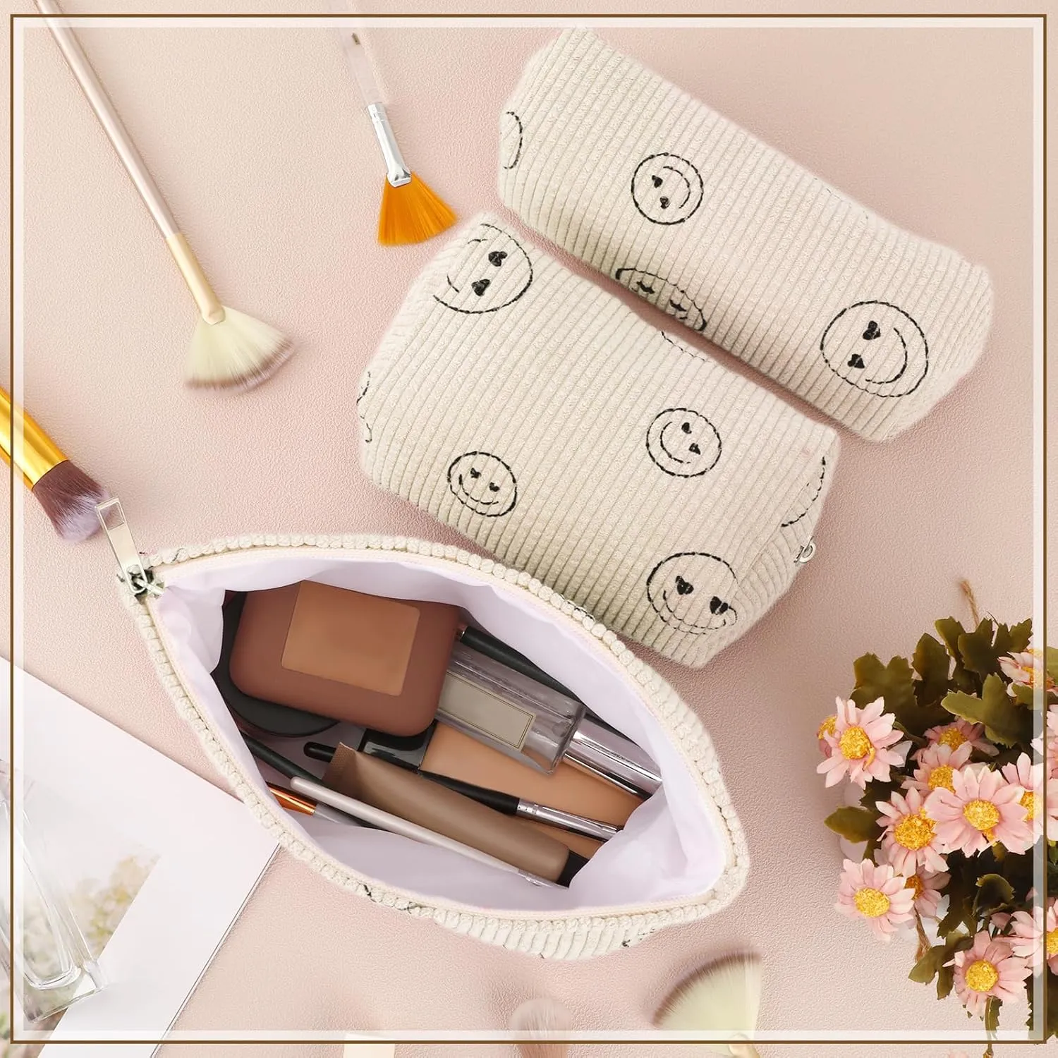 3 Pcs Makeup Bag Set for Women Corduroy Cosmetic Pouch Aesthetic Smile Travel Toiletry Bag Cute Purse Pouch Pencil Case Makeup Brushes Storage Organizer with Zipper(Beige,Smile Face)