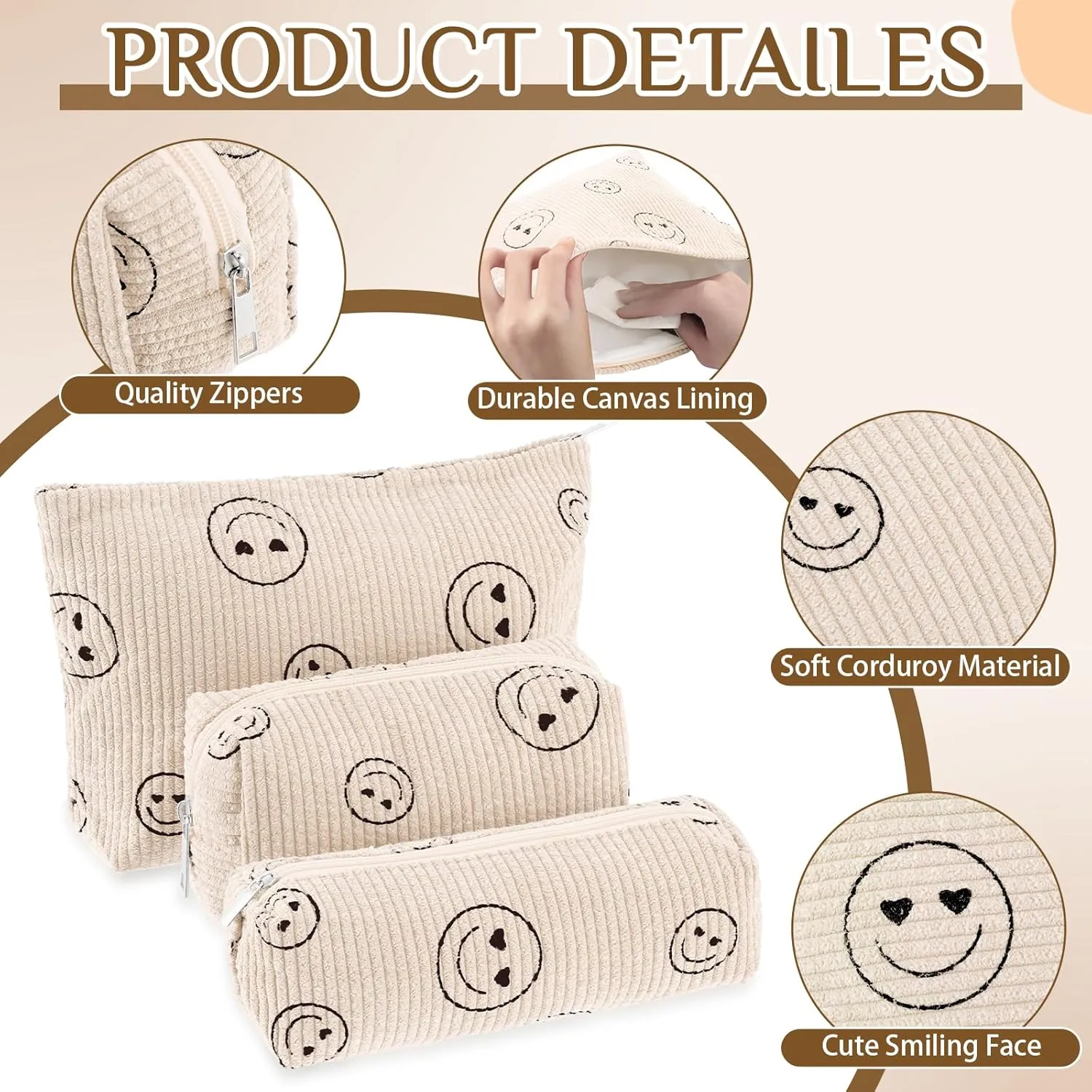3 Pcs Makeup Bag Set for Women Corduroy Cosmetic Pouch Aesthetic Smile Travel Toiletry Bag Cute Purse Pouch Pencil Case Makeup Brushes Storage Organizer with Zipper(Beige,Smile Face)