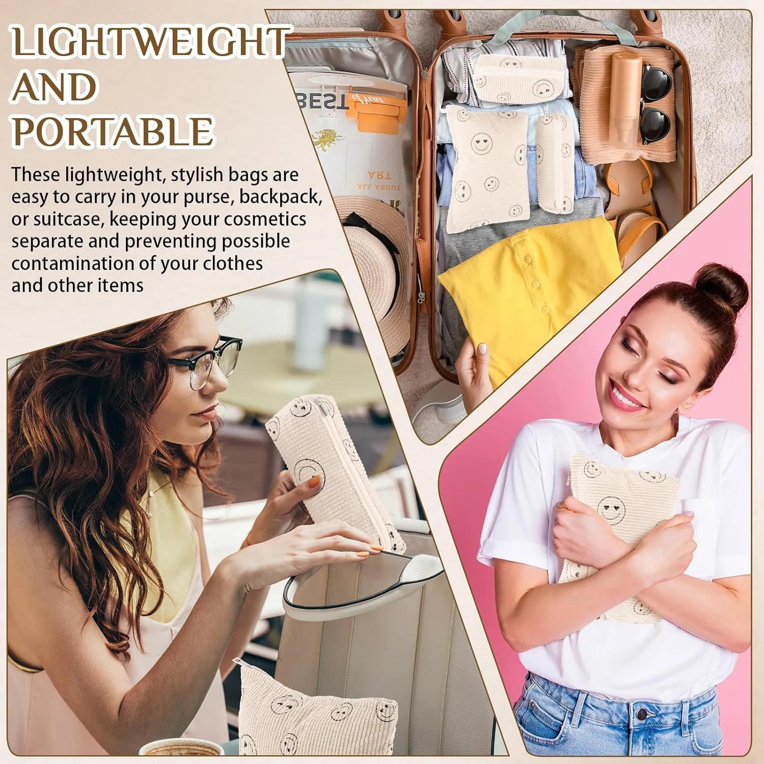 3 Pcs Makeup Bag Set for Women Corduroy Cosmetic Pouch Aesthetic Smile Travel Toiletry Bag Cute Purse Pouch Pencil Case Makeup Brushes Storage Organizer with Zipper(Beige,Smile Face)