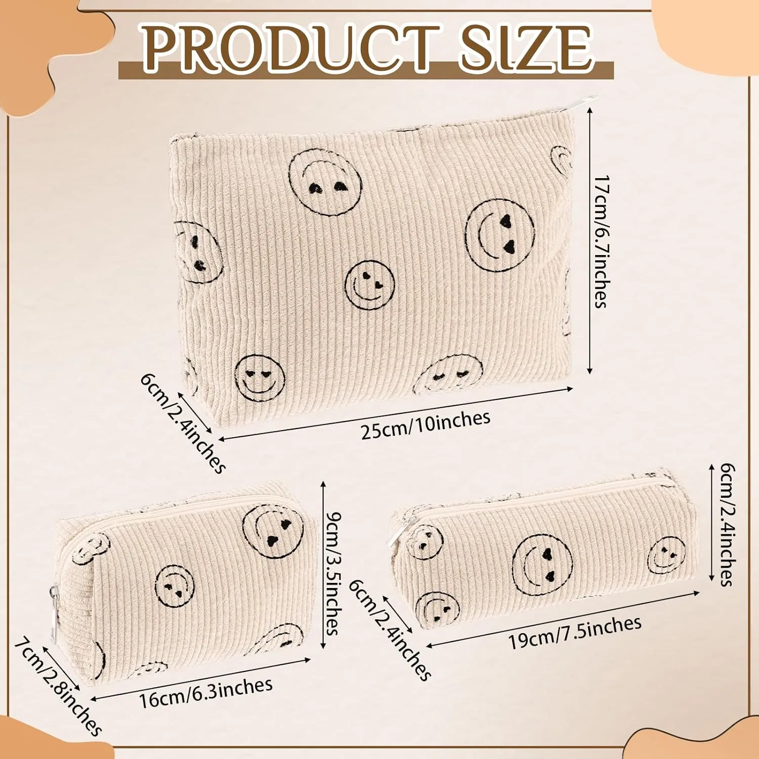 3 Pcs Makeup Bag Set for Women Corduroy Cosmetic Pouch Aesthetic Smile Travel Toiletry Bag Cute Purse Pouch Pencil Case Makeup Brushes Storage Organizer with Zipper(Beige,Smile Face)