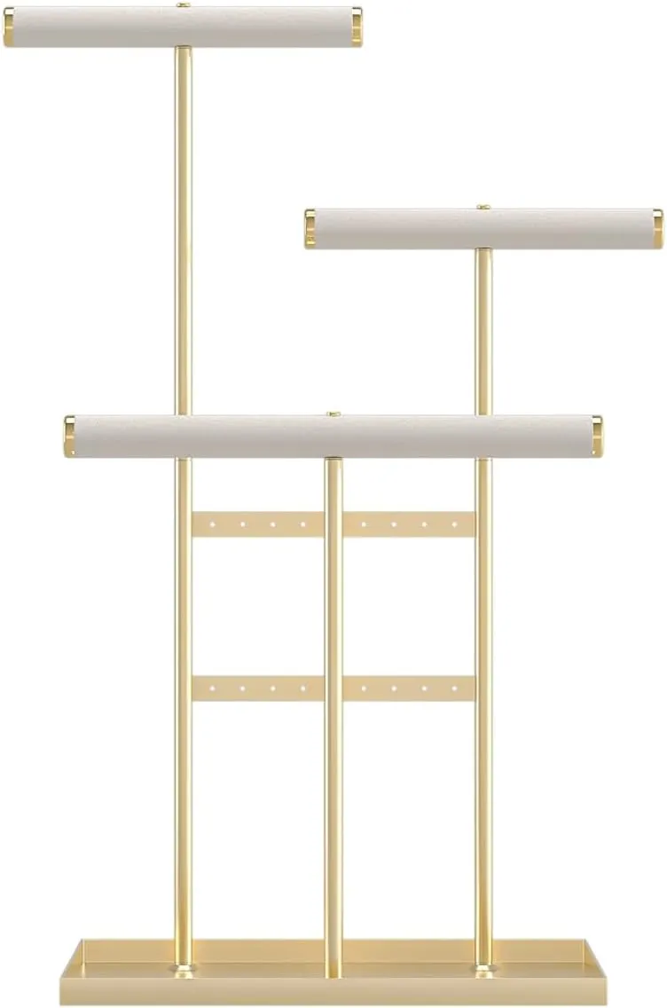 3-Tier Jewelry Holder, Jewelry Organizer, Jewelry Display Stand with Velvet Crossbar and Metal Frame,Necklace Earring Bracelet Display Holder for Women (Golden)
