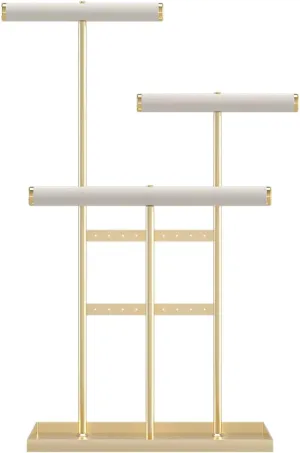 3-Tier Jewelry Holder, Jewelry Organizer, Jewelry Display Stand with Velvet Crossbar and Metal Frame,Necklace Earring Bracelet Display Holder for Women (Golden)