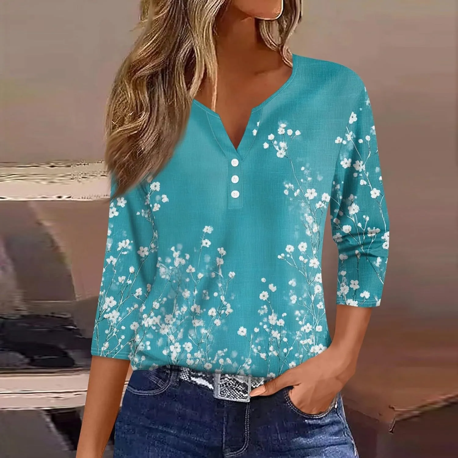 3/4 Length Sleeve Womens Tops 2025 Summer Dressy Casual V Neck T Shirts Three Quarter Length Tunic Tees for Women