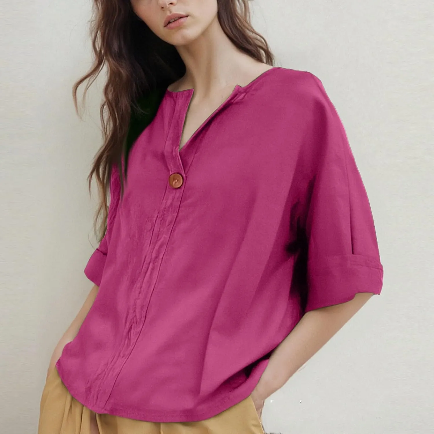 3/4 Length Sleeve Womens Tops Summer Button Down V Neck Cotton Linen Shirts Trendy Going Out Casual Tunics Blouses