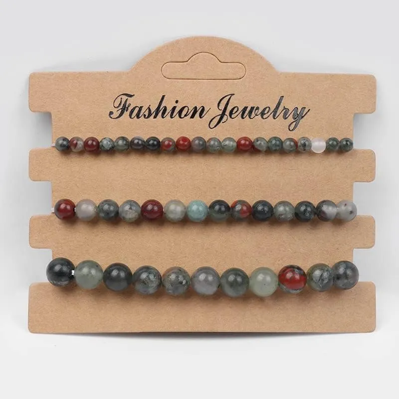 3Pcs/Set Natural Stone Beaded Bracelet Set Elastic Rope Bracelet for Women Men Agates Turquoises Handmade Bangle Jewelry Healing - (Metal Color: Bloodstone; Length: 17cm)