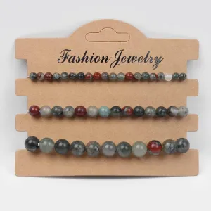 3Pcs/Set Natural Stone Beaded Bracelet Set Elastic Rope Bracelet for Women Men Agates Turquoises Handmade Bangle Jewelry Healing - (Metal Color: Bloodstone; Length: 17cm)