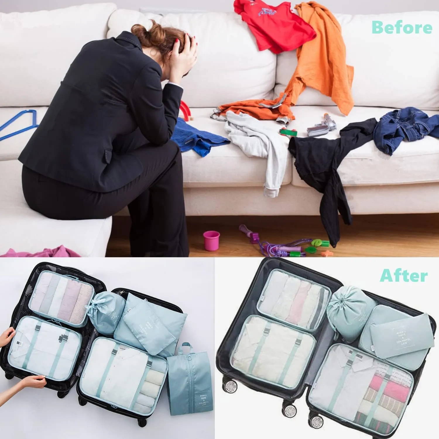 7 Pack Packing Cubes for Suitcases, Luggage Organizers, Carry On Organizer Set, Storage Bags, Compression Cubes for Travel Accessories (Sky Blue)