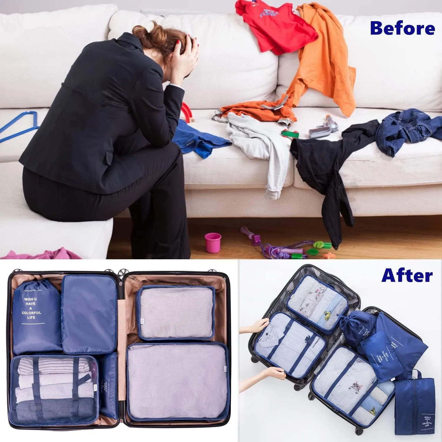 7 Set Packing Cubes Compression, Travel Packing Organizers Cubes, Clothes Storage Bags, Luggage Suitcase Organizer Bags, Travel Bag Organizer Packing Bags for Carry on Suitcase (Navy Blue)