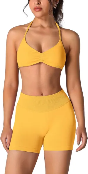 ABOCIW Womens Seamless Workout Sets 2 Piece Strappy Halter Sports Bra Scrunch Butt Shorts Gym Yoga Outfits