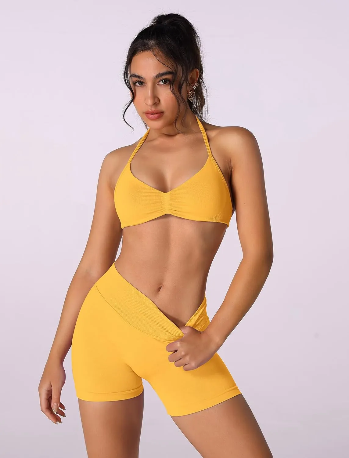 ABOCIW Womens Seamless Workout Sets 2 Piece Strappy Halter Sports Bra Scrunch Butt Shorts Gym Yoga Outfits