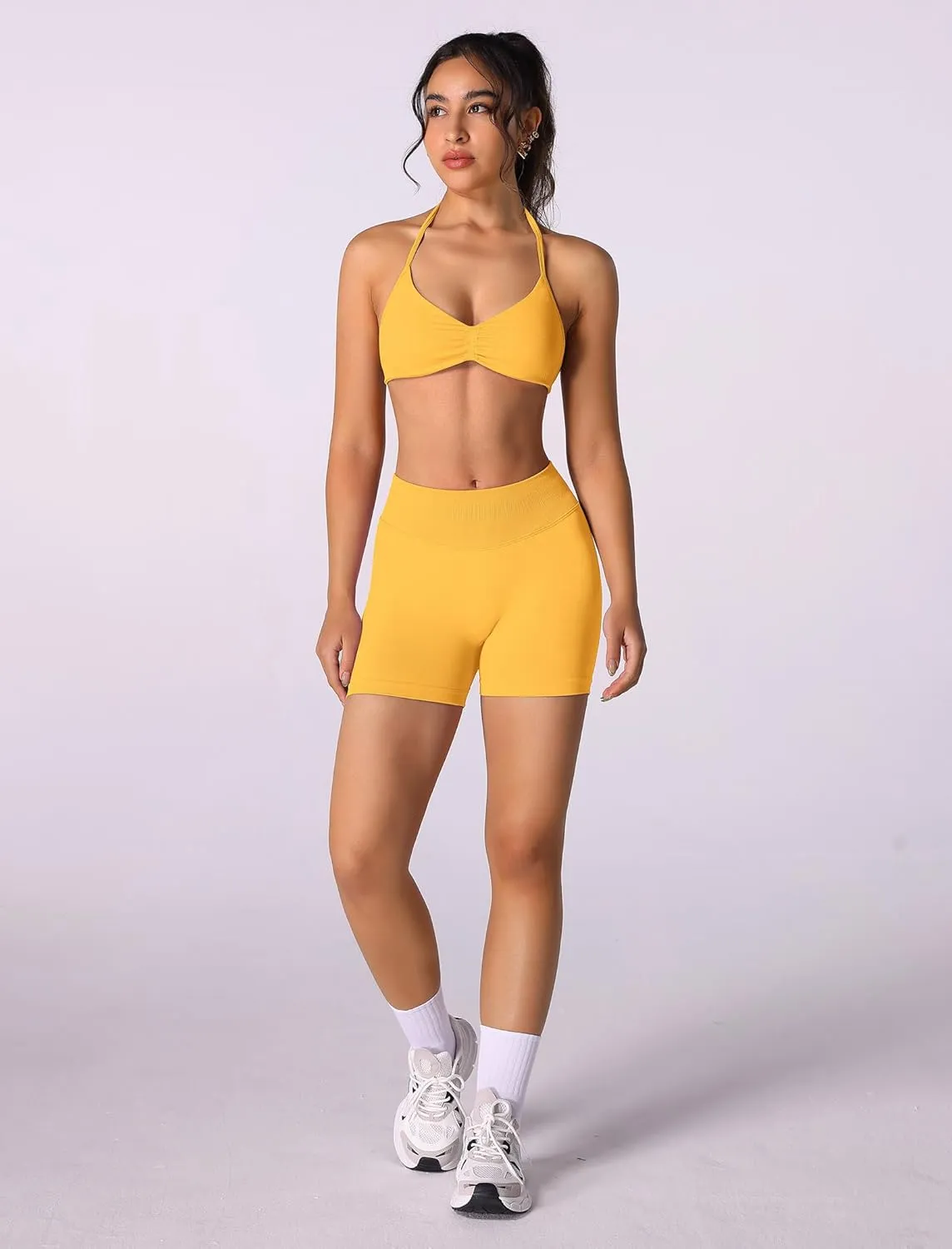 ABOCIW Womens Seamless Workout Sets 2 Piece Strappy Halter Sports Bra Scrunch Butt Shorts Gym Yoga Outfits