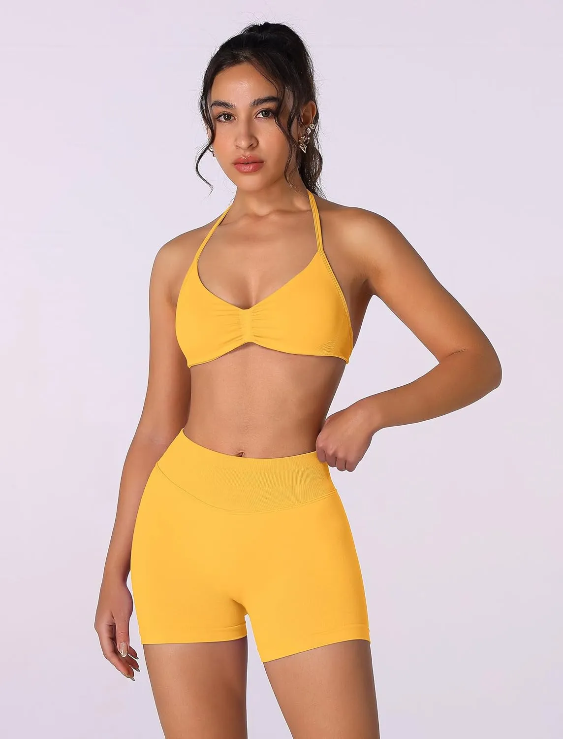 ABOCIW Womens Seamless Workout Sets 2 Piece Strappy Halter Sports Bra Scrunch Butt Shorts Gym Yoga Outfits