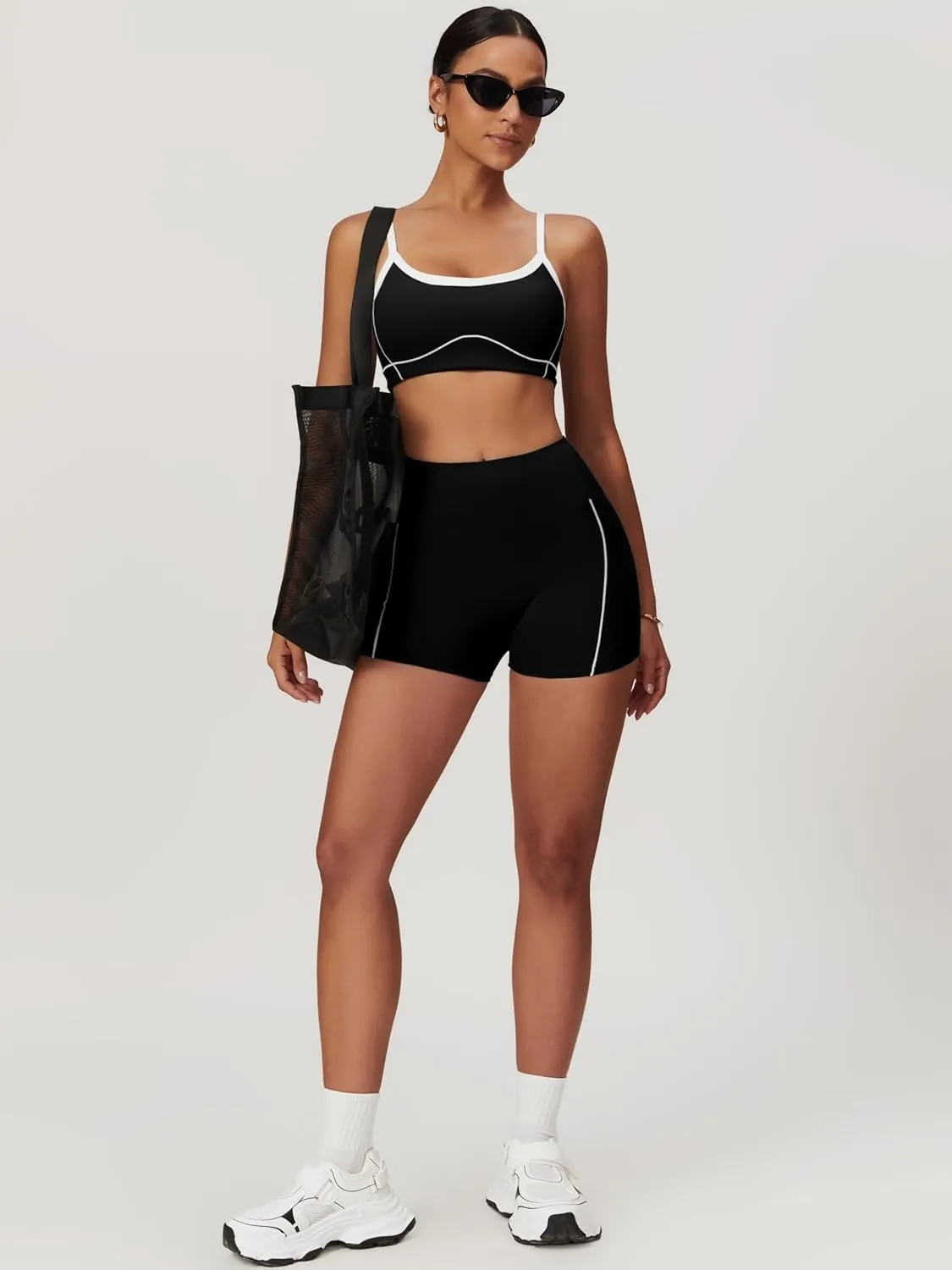 ABOCIW Workout Sets for Women 2 Piece Contrast Trim Sports Bra High Wasit Biker Shorts Gym Set