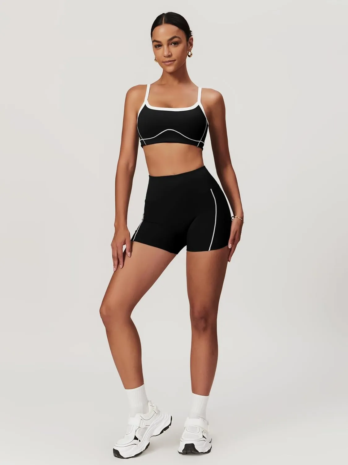 ABOCIW Workout Sets for Women 2 Piece Contrast Trim Sports Bra High Wasit Biker Shorts Gym Set