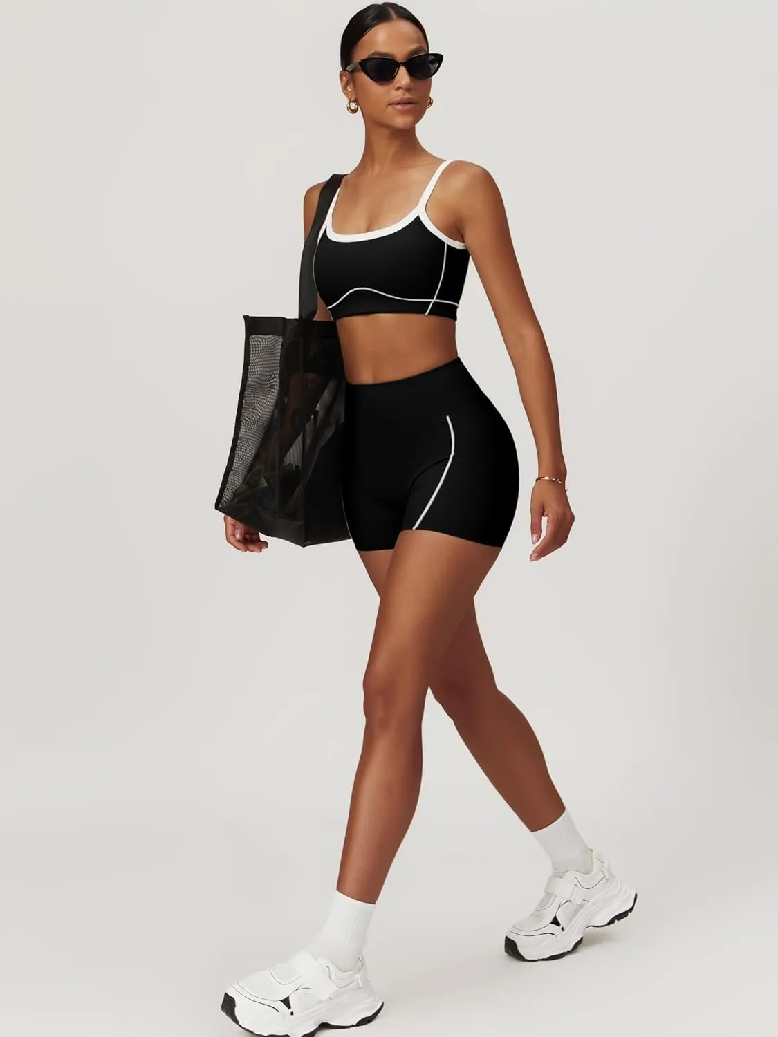 ABOCIW Workout Sets for Women 2 Piece Contrast Trim Sports Bra High Wasit Biker Shorts Gym Set