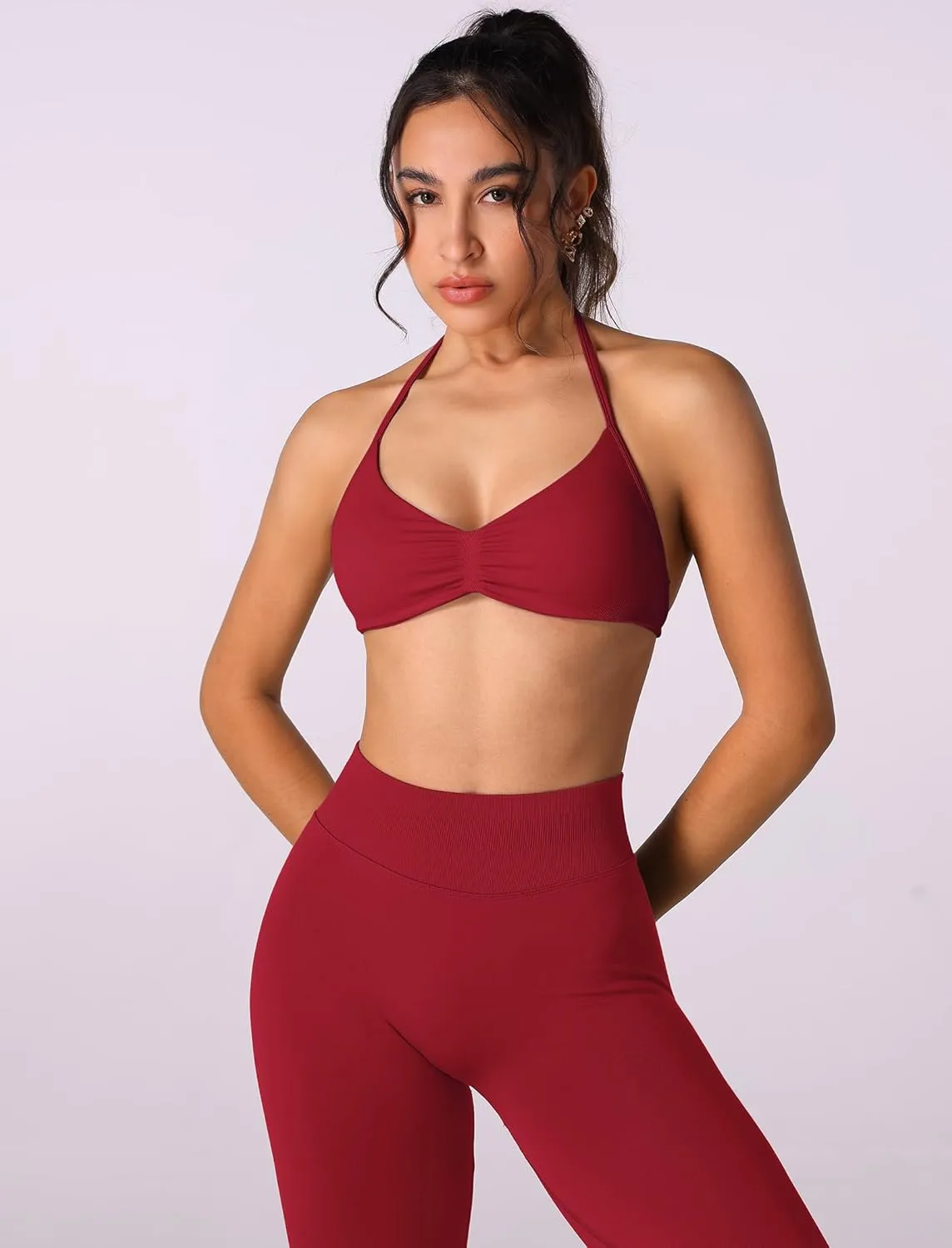 ABOCIW Workout Sets for Women 2 Piece Seamless Halter Sports Bra Scrunch Butt High Waist Leggings Gym Yoga Outfits