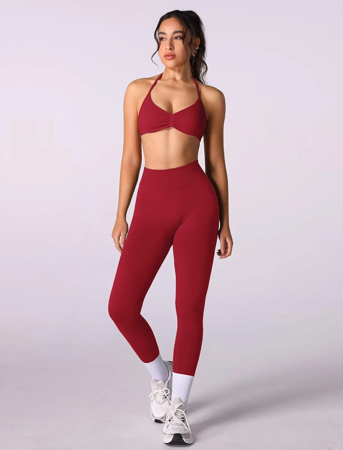 ABOCIW Workout Sets for Women 2 Piece Seamless Halter Sports Bra Scrunch Butt High Waist Leggings Gym Yoga Outfits