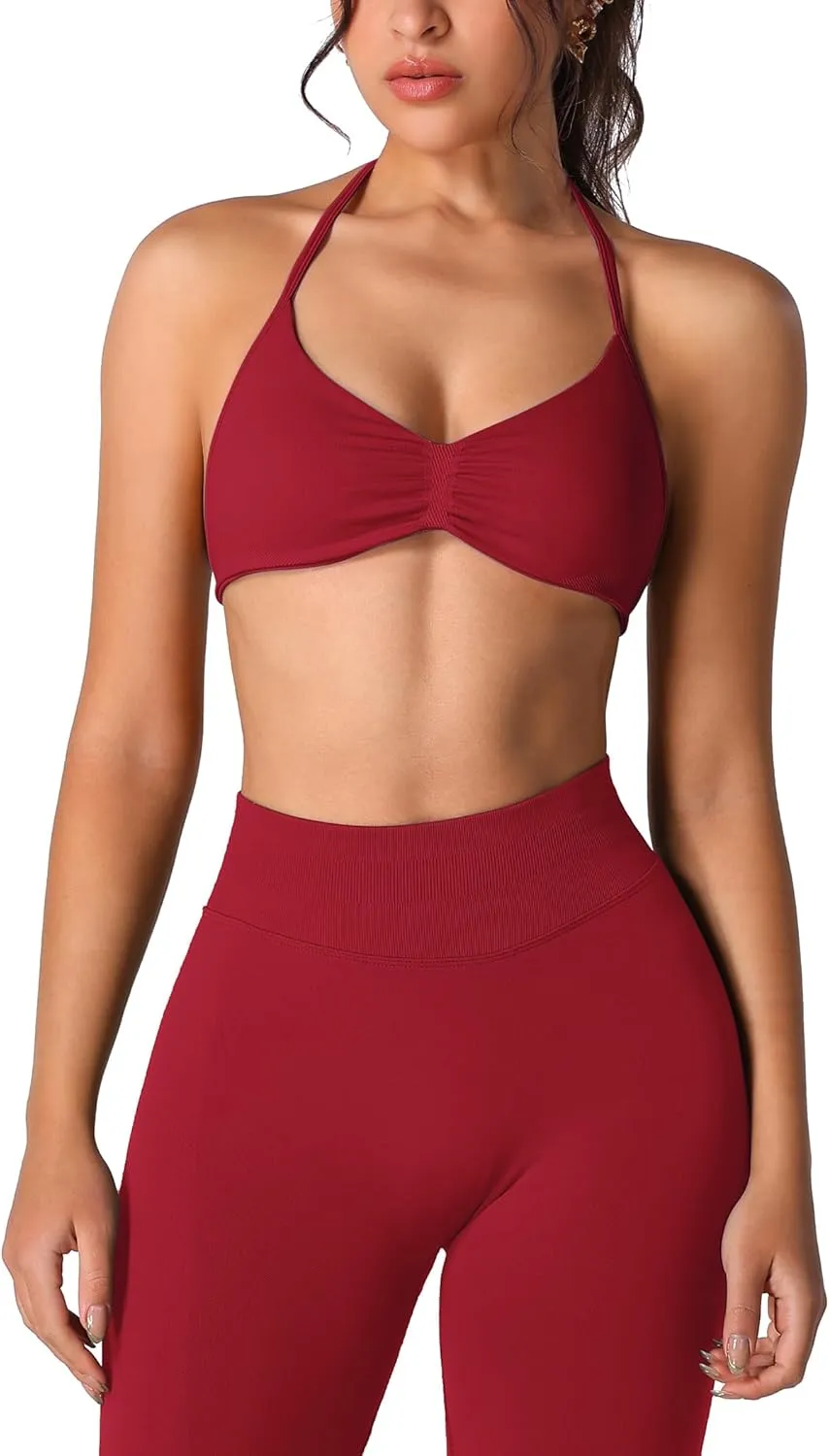 ABOCIW Workout Sets for Women 2 Piece Seamless Halter Sports Bra Scrunch Butt High Waist Leggings Gym Yoga Outfits