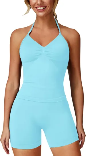 ABOCIW Workout Sets for Women 2 Piece Seamless Impact Longline Strappy Top Scrunch Butt High Waist Biker Shorts Gym Set