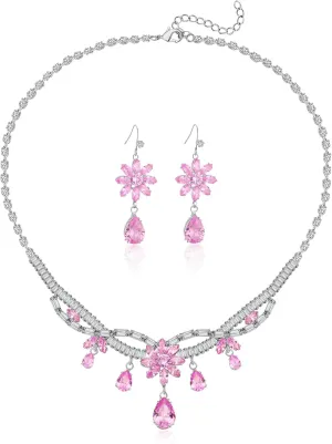 AMYJANE Women's Wedding Jewelry Crystal Flower Necklace Dangle Earrings Set for Brides Bridesmaid CZ Rhinestone Teardrop Jewelry Set for Prom Costume Jewelry Accessories