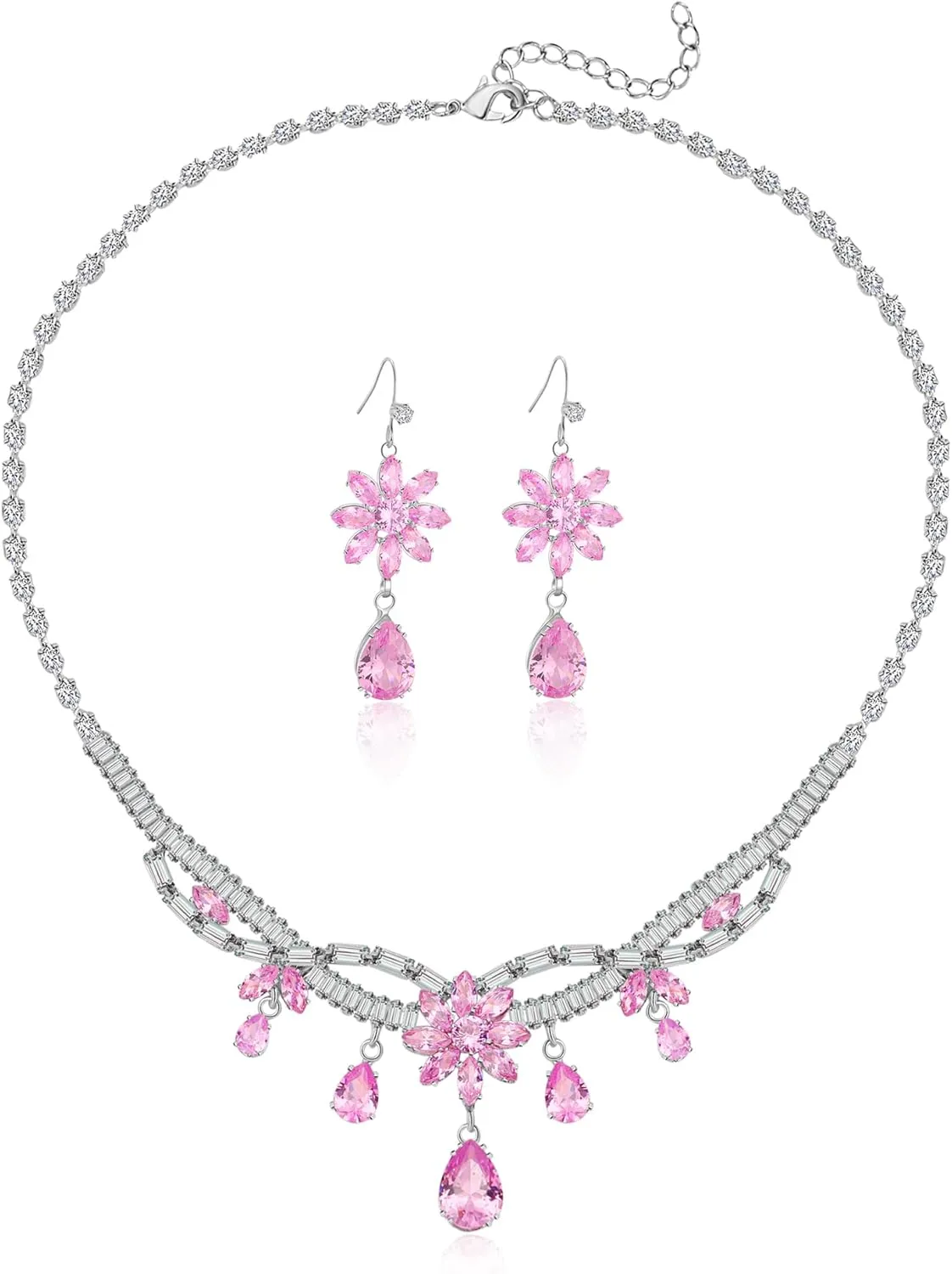 AMYJANE Women's Wedding Jewelry Crystal Flower Necklace Dangle Earrings Set for Brides Bridesmaid CZ Rhinestone Teardrop Jewelry Set for Prom Costume Jewelry Accessories