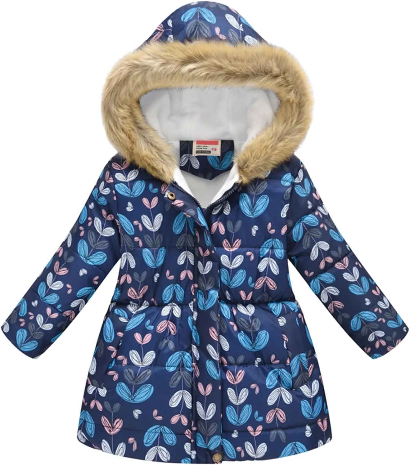 Baby Girls' Winter Coats Long Length Down Jacket Animals Print Cozy Hoodie Outerwear for 2~11 Years