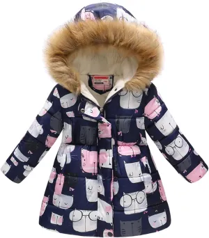 Baby Girls' Winter Coats Long Length Down Jacket Animals Print Cozy Hoodie Outerwear for 2~11 Years