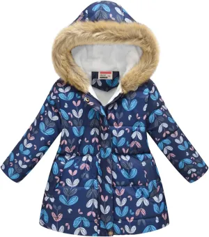 Baby Girls' Winter Coats Long Length Down Jacket Animals Print Cozy Hoodie Outerwear for 2~11 Years
