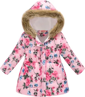 Baby Girls' Winter Coats Long Length Down Jacket Animals Print Cozy Hoodie Outerwear for 2~11 Years
