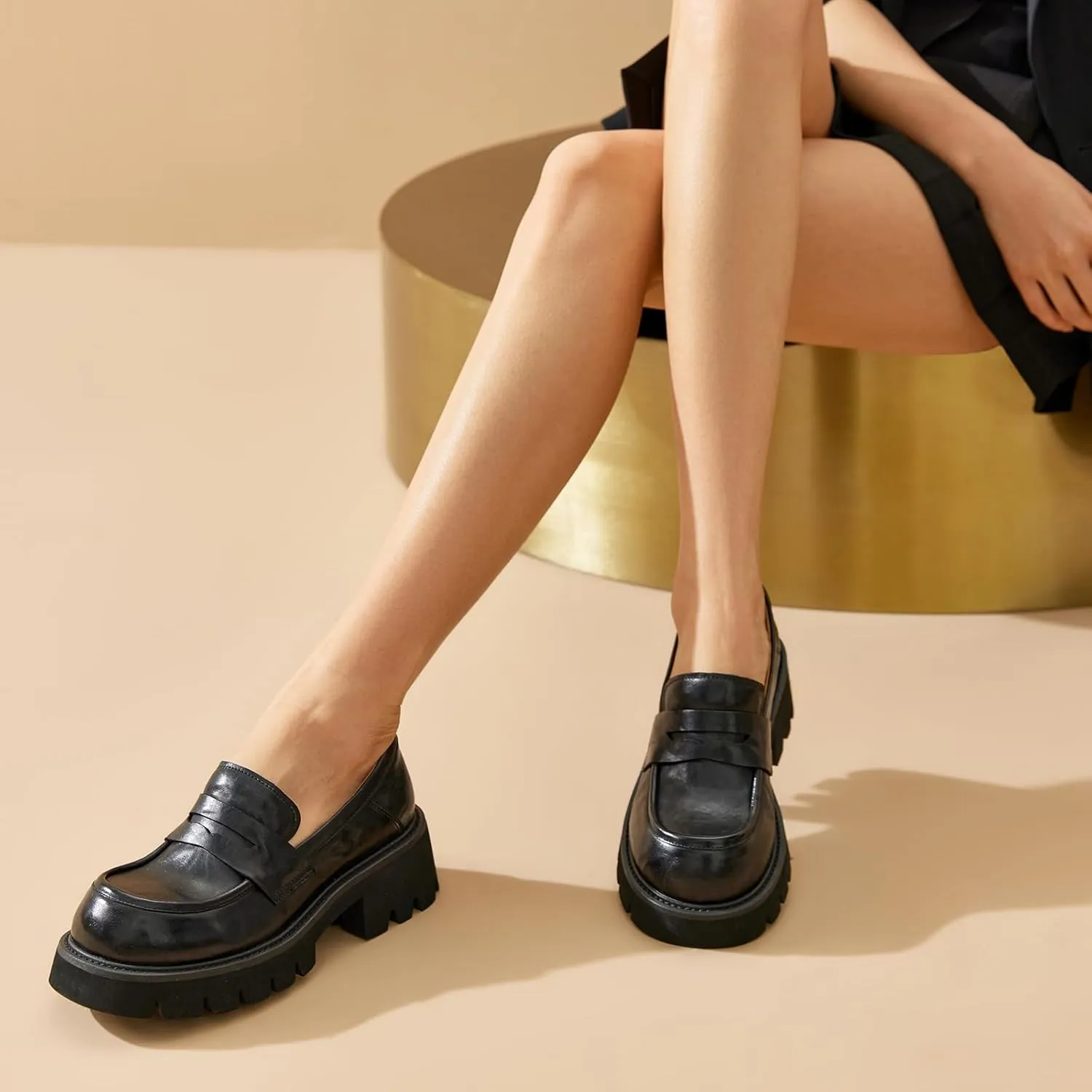 BEAU TODAY Platform Loafers for Women, Women??s Chunky Leather Loafers, Slip-on Lug Sole Penny Loafers Comfortable Business Casual Office Non Slip Round Toe Ladies Dress Shoes