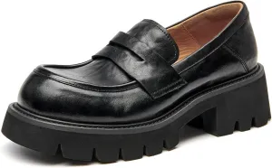 BEAU TODAY Platform Loafers for Women, Women??s Chunky Leather Loafers, Slip-on Lug Sole Penny Loafers Comfortable Business Casual Office Non Slip Round Toe Ladies Dress Shoes