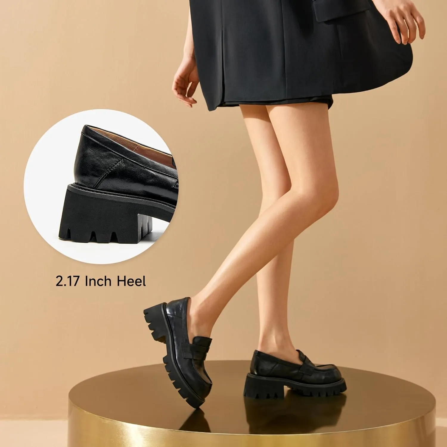 BEAU TODAY Platform Loafers for Women, Women??s Chunky Leather Loafers, Slip-on Lug Sole Penny Loafers Comfortable Business Casual Office Non Slip Round Toe Ladies Dress Shoes