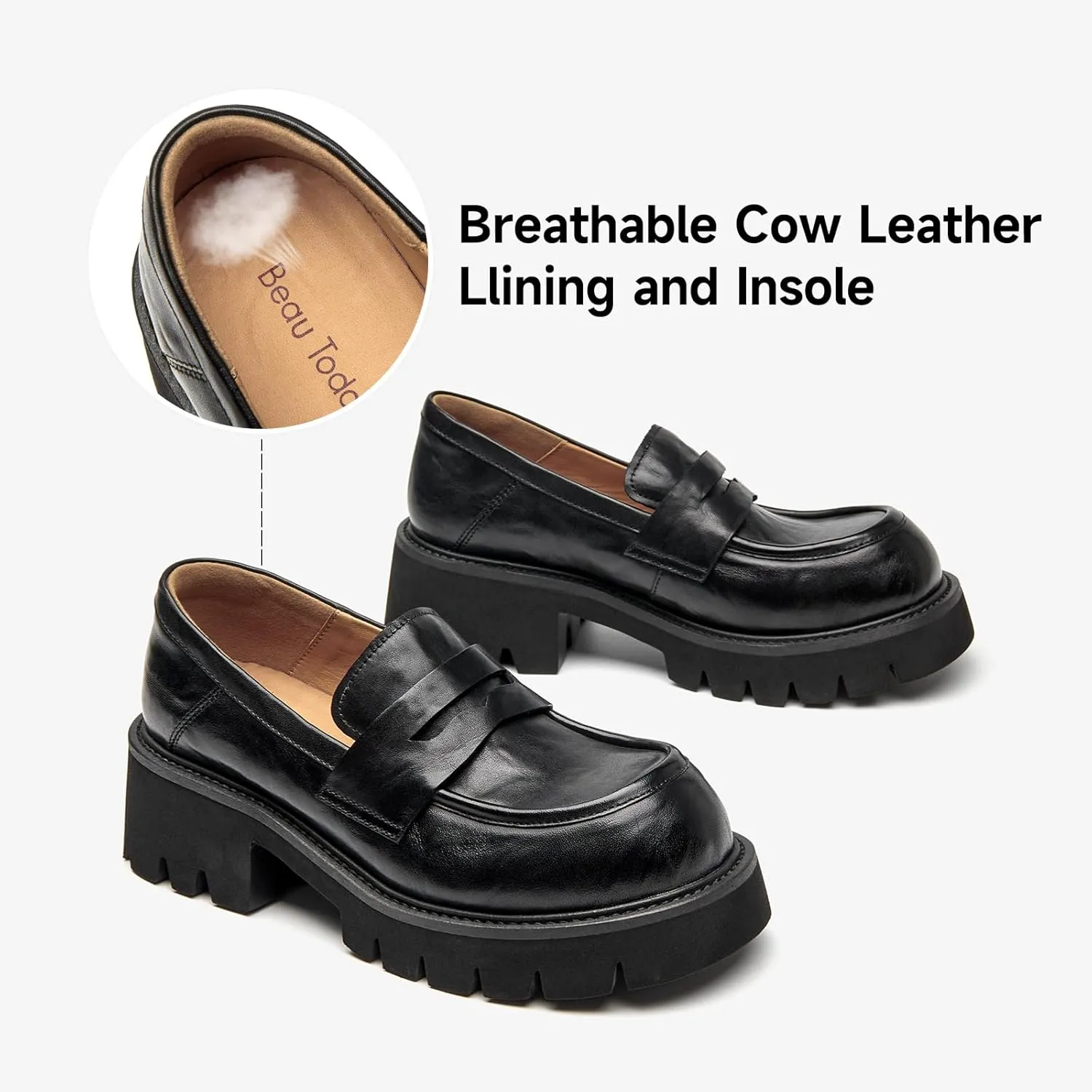 BEAU TODAY Platform Loafers for Women, Women??s Chunky Leather Loafers, Slip-on Lug Sole Penny Loafers Comfortable Business Casual Office Non Slip Round Toe Ladies Dress Shoes